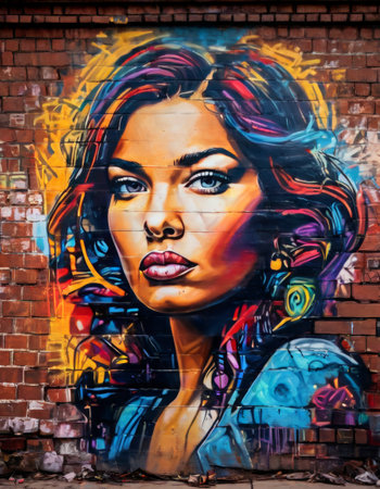 Colorful mural of a womans face on a brick wallの素材
