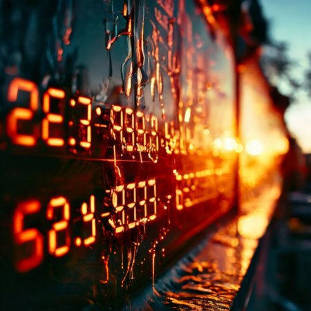 Digital display board with glowing red numbers at sunsetの素材