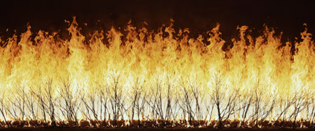 Intense wildfire burning through dry vegetation at nightの素材