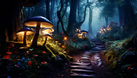 Enchanted forest path illuminated by glowing mushroomsの素材