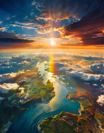 Majestic aerial view of river under dramatic sky at sunsetの素材