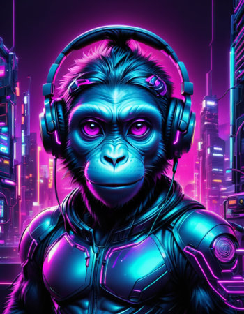 Cyberpunk gorilla with headphones in neon cityscapeの素材