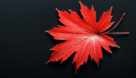 Red Maple Leaf on a Black Background with Dew Dropsの素材