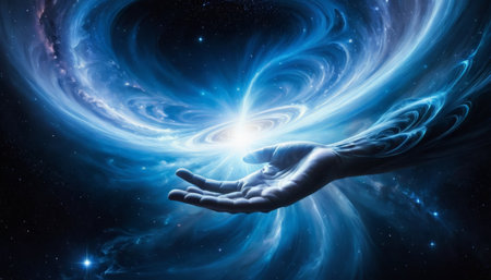 Cosmic Hand Reaching Out to a Glowing Energy Sourceの素材