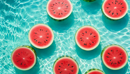 Floating watermelon slices in a clear blue poolの素材