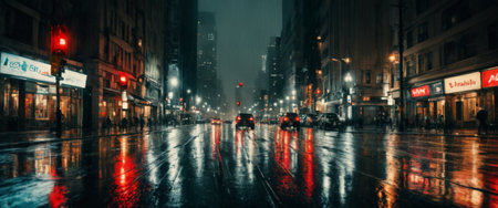 Rainy city street at night with reflections and lightsの素材