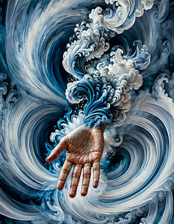 Hand emerging from swirling blue and white wavesの素材