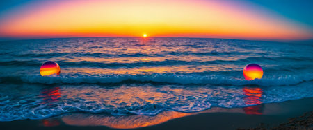 Sunset beach scene with colorful ballsの素材