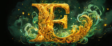 Luxurious golden letter E decorated with ornate floral swirlsの素材
