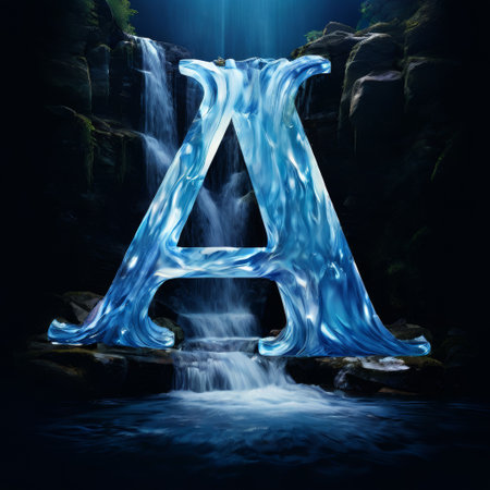 Water letter A with waterfall backgroundの素材
