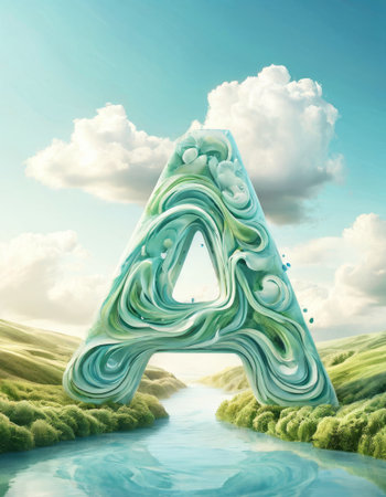 Artistic letter "A" sculpture floating over serene river landscapeの素材