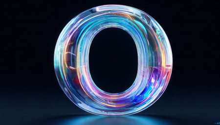 Transparent 3D letter O with colorful light refractionsの素材