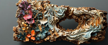 Ornate wood carving with colorful floral detailsの素材