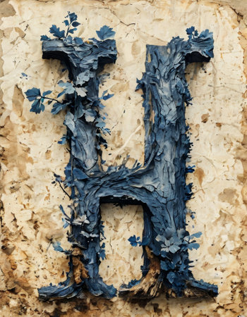 Rustic letter H made from bark and leaves on weathered surfaceの素材