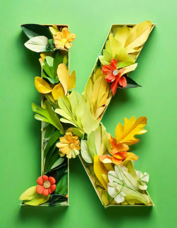 Floral letter K with vibrant yellow and green leavesの素材