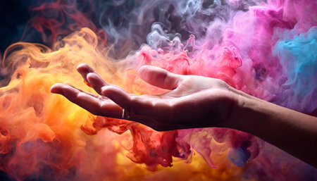 Hand reaching out through a cloud of colorful smokeの素材