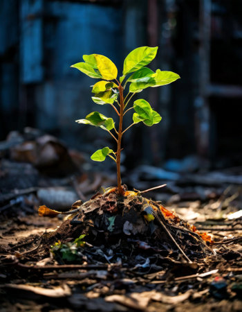 Young plant sprouting in abandoned industrial areaの素材