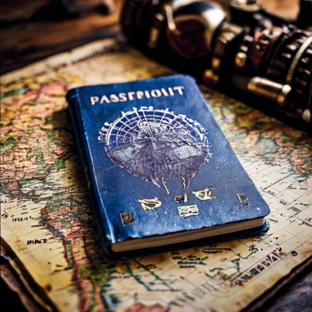 Vintage passport on a world mapの素材
