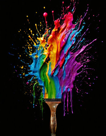 Paintbrush with vibrant splashes of multicolored paintの素材