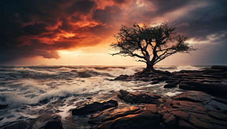 Lone tree against stormy ocean at sunsetの素材