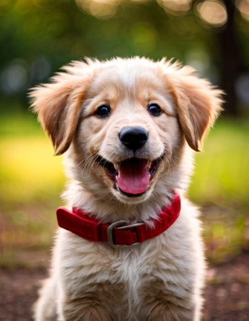 Happy golden retriever puppy with red collar in sunlit parkの素材