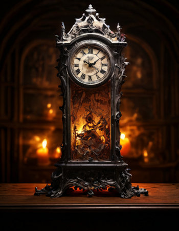 Vintage gothic clock with intricate details illuminated by candlelightの素材