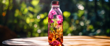 Floral infused drink in glass bottle outdoors in natural lightの素材