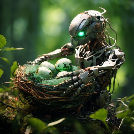 Futuristic robot nurturing bird eggs in a natural forest settingの素材