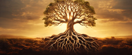 Majestic tree with sprawling roots illuminated by golden lightの素材