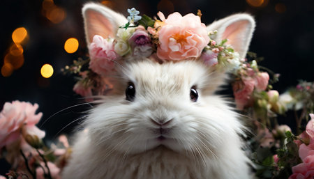 Adorable white rabbit wearing a floral crown in a soft focus settingの素材