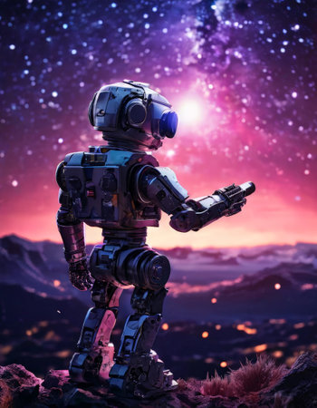 Futuristic robot stargazing under a vibrant galaxy night skyの素材