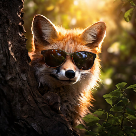 Fox with sunglasses peeking from behind a tree in a sunny forestの素材