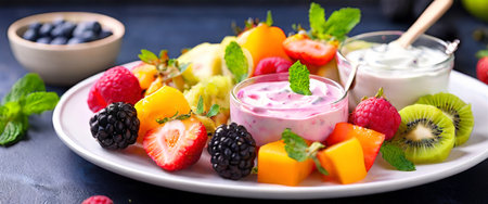 Fresh fruit salad with yogurt and mint leavesの素材