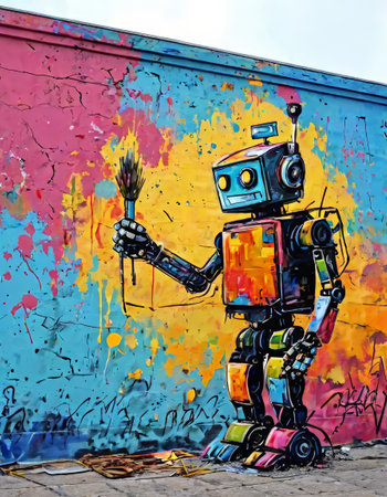 Colorful street art of a robot holding a paintbrushの素材