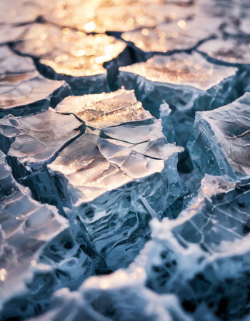 Close-up of cracked ice formations with sunlight reflectionsの素材
