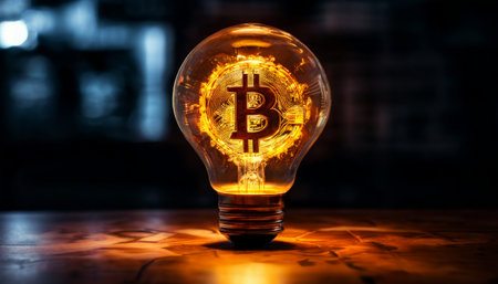Glowing Bitcoin symbol inside a light bulb representing innovationの素材