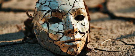Cracked mask lying on dry, cracked earth in symbolic imageの素材