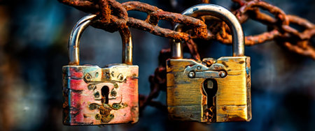 Close-up of two rusty padlocks on a weathered chainの素材