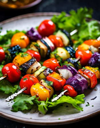Vibrant vegetable skewers on a bed of fresh lettuceの素材