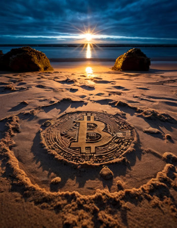 Bitcoin symbol carved in sand at sunset on a scenic beachの素材