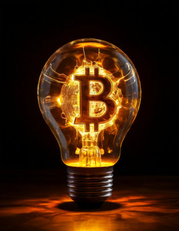 Glowing Bitcoin symbol inside a lightbulb representing innovative financeの素材