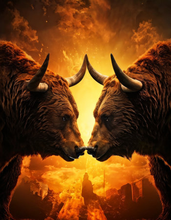 Two powerful bulls facing off in a fiery sunset backdropの素材