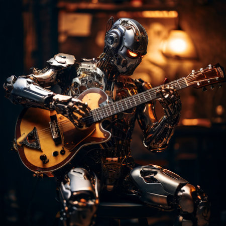 Robot playing guitar in a dimly lit roomの素材