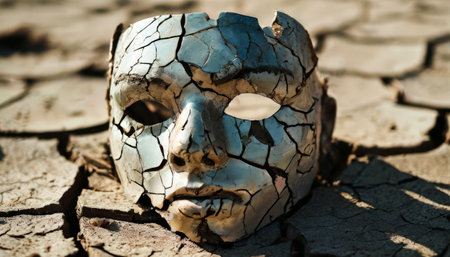Cracked metallic mask lying on parched desert groundの素材