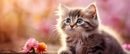 Cute kitten with flowers in a soft pink backgroundの素材
