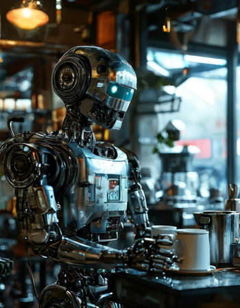 Humanoid robot enjoying coffee in retro-futuristic cafeの素材