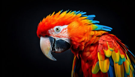 Vibrant close-up of a scarlet macaw against black backgroundの素材