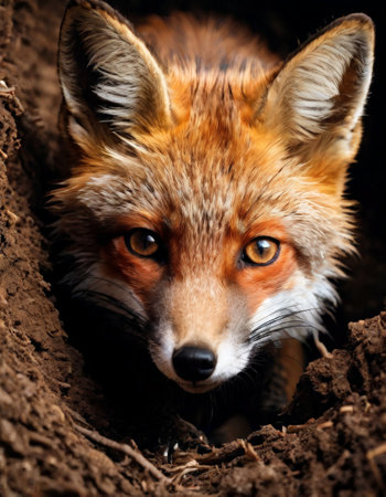 Intense fox in a natural burrow settingの素材