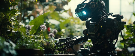 Humanoid robot tending to plants in a modern greenhouseの素材