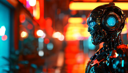 Sleek black robot in a neon-lit cyberpunk cityscapeの素材
